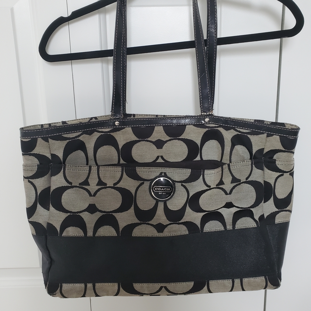 COACH Black and Gray Signature Logo Carry All Tote Diaper Bag Weekend Purse